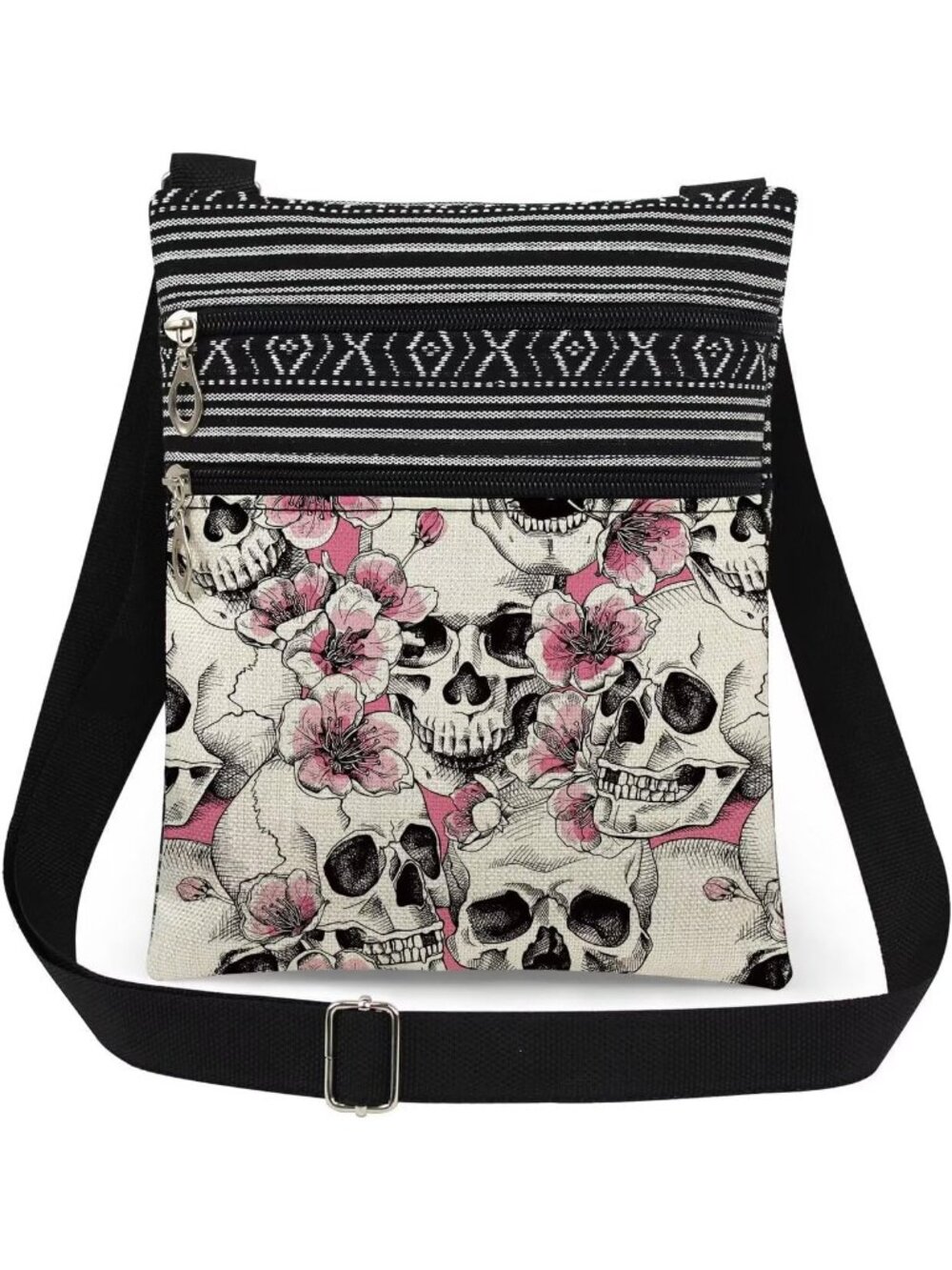 Womens White Pink Halloween Skull Pouch Adjustable Strap Crossbody Zipper Bag